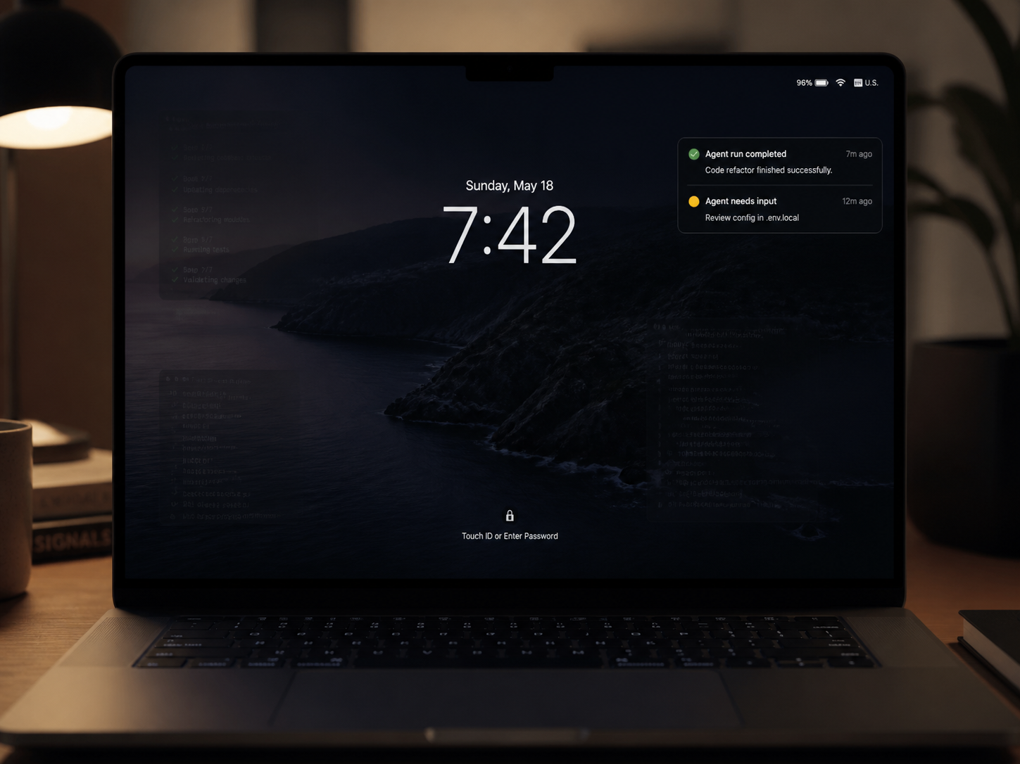 A locked Mac screen while agent notifications arrive during time away from the desk