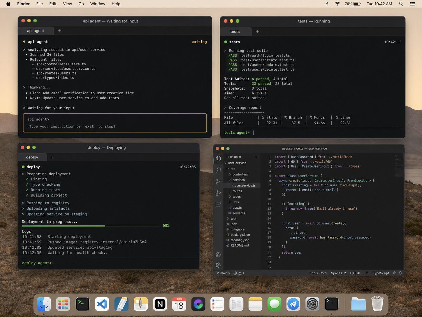 Multiple coding-agent terminal sessions running at once on a Mac desktop