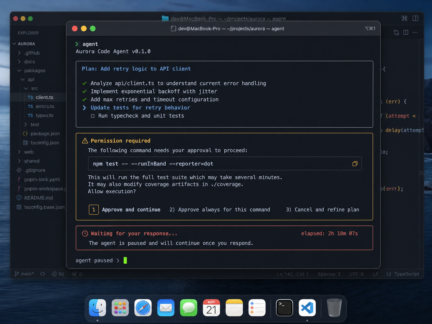 A coding-agent terminal paused for human approval for over two hours